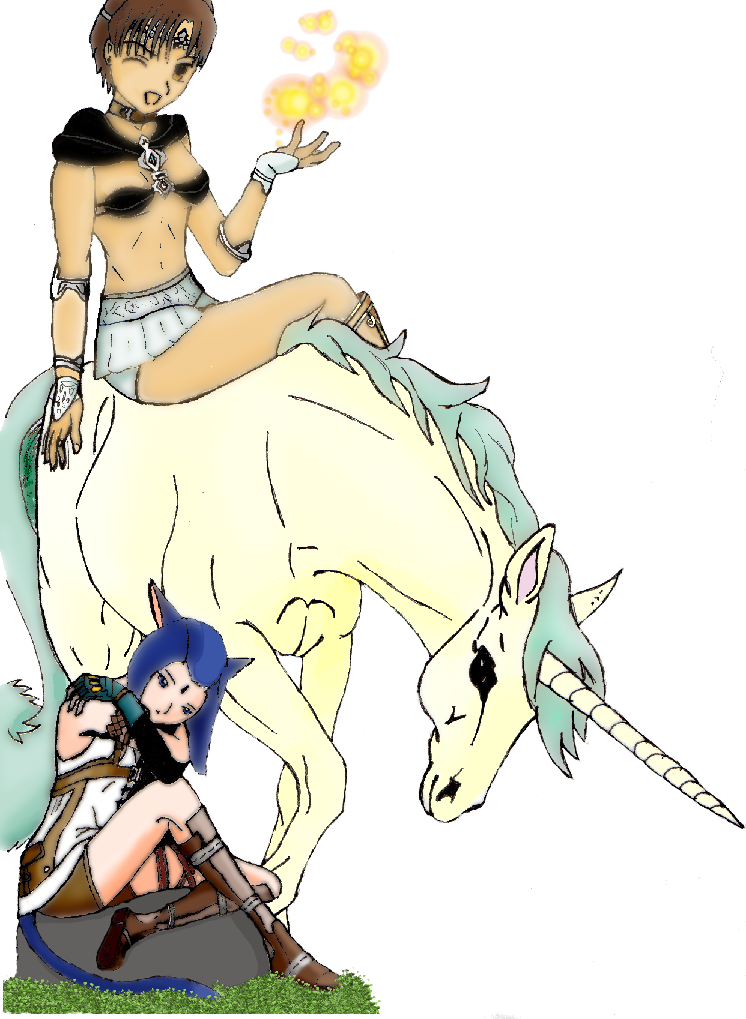 Kara and Blue with one of their unicorns as white mages.