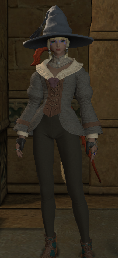 Another casual outfit, a bit more formal, still includes a big hat.
