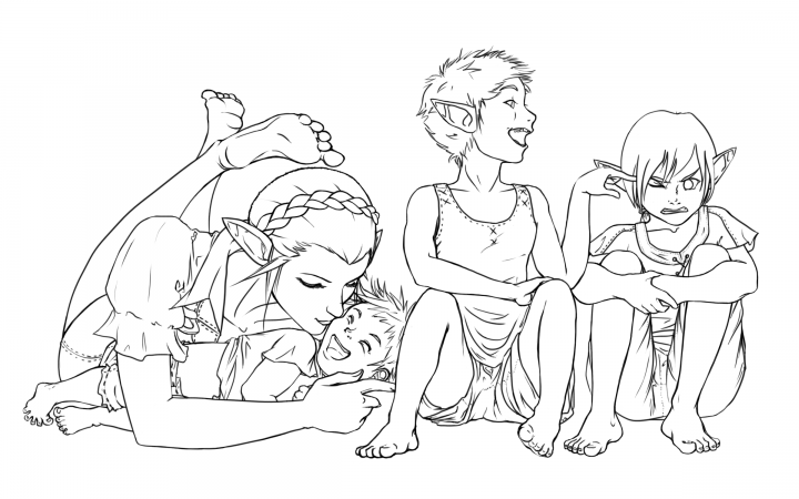 (Art By Xenedra - Deirdre with her children Falke (left), Crane (center), and Cygnus (right))