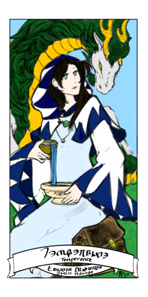Tarot Card drawn by Rhea Zaheela with Jancis as Temperance. Gift from Artist
