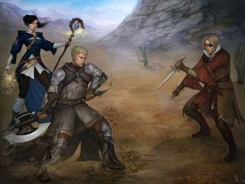 Art depicting the battle in Thanalan between Barengar Armsbreaker with Jancis Milburga and Engelbert Deadeye. Commission done by DancinFox. Gift from Autochthon